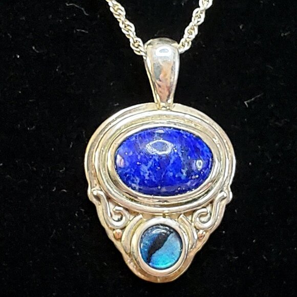 JC Sterling Silver 925 Blue Lapis Lazuli & Opal Pendant Necklace 18" Chain - Picture 2 of 16